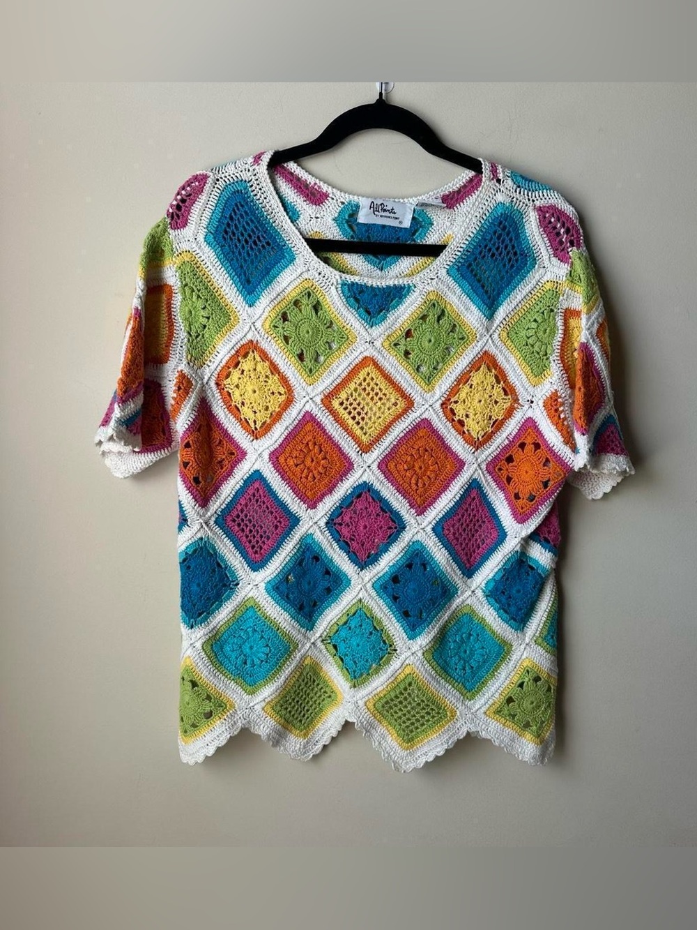 Vintage All Points Granny Sweater Shirt Blouse Top Colorful Patchwork Crochet